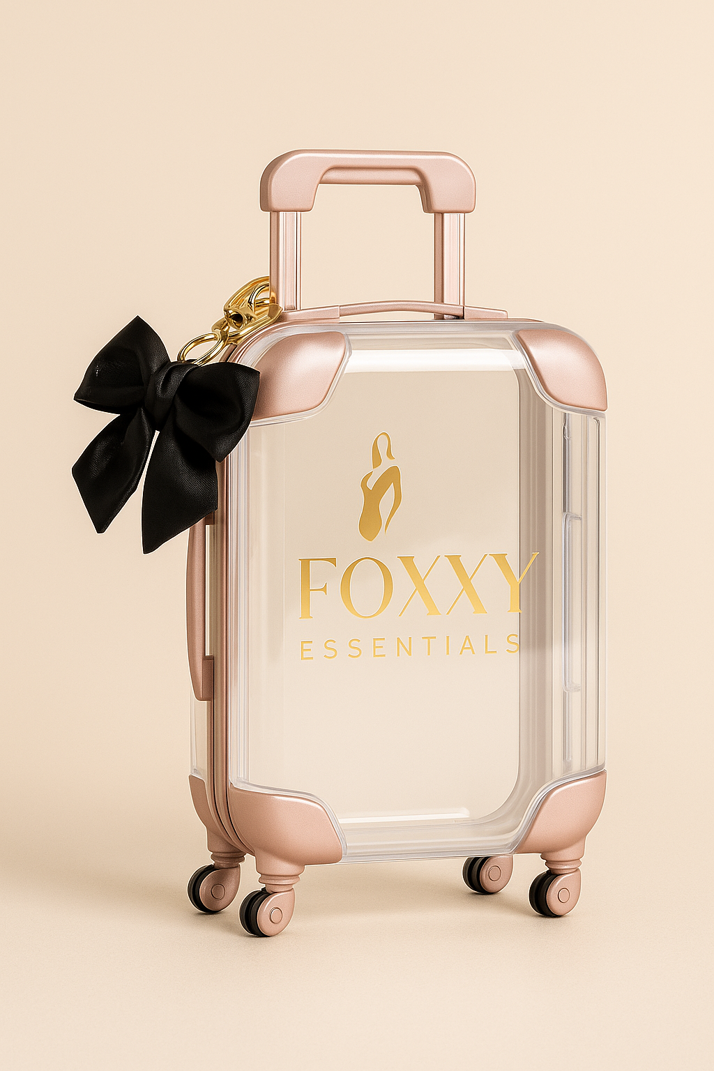 Clear FOXXY Essentials mini travel case with rose gold trim, gold logo, and a black bow keychain, displayed against a soft beige background.