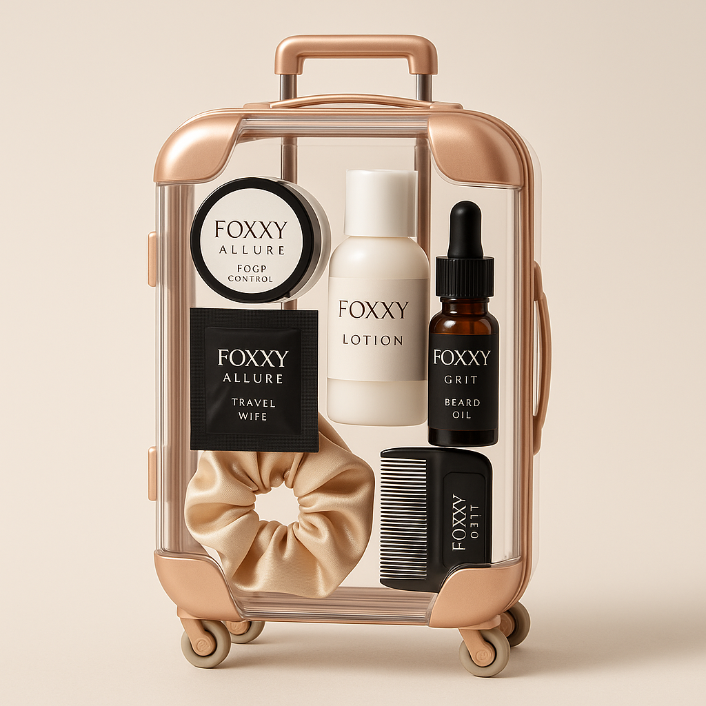 FOXXY Essentials homepage banner featuring travel-size kit with lotion, travel wipes, beard oil, comb, satin hair tie, black and gold tools on beige background