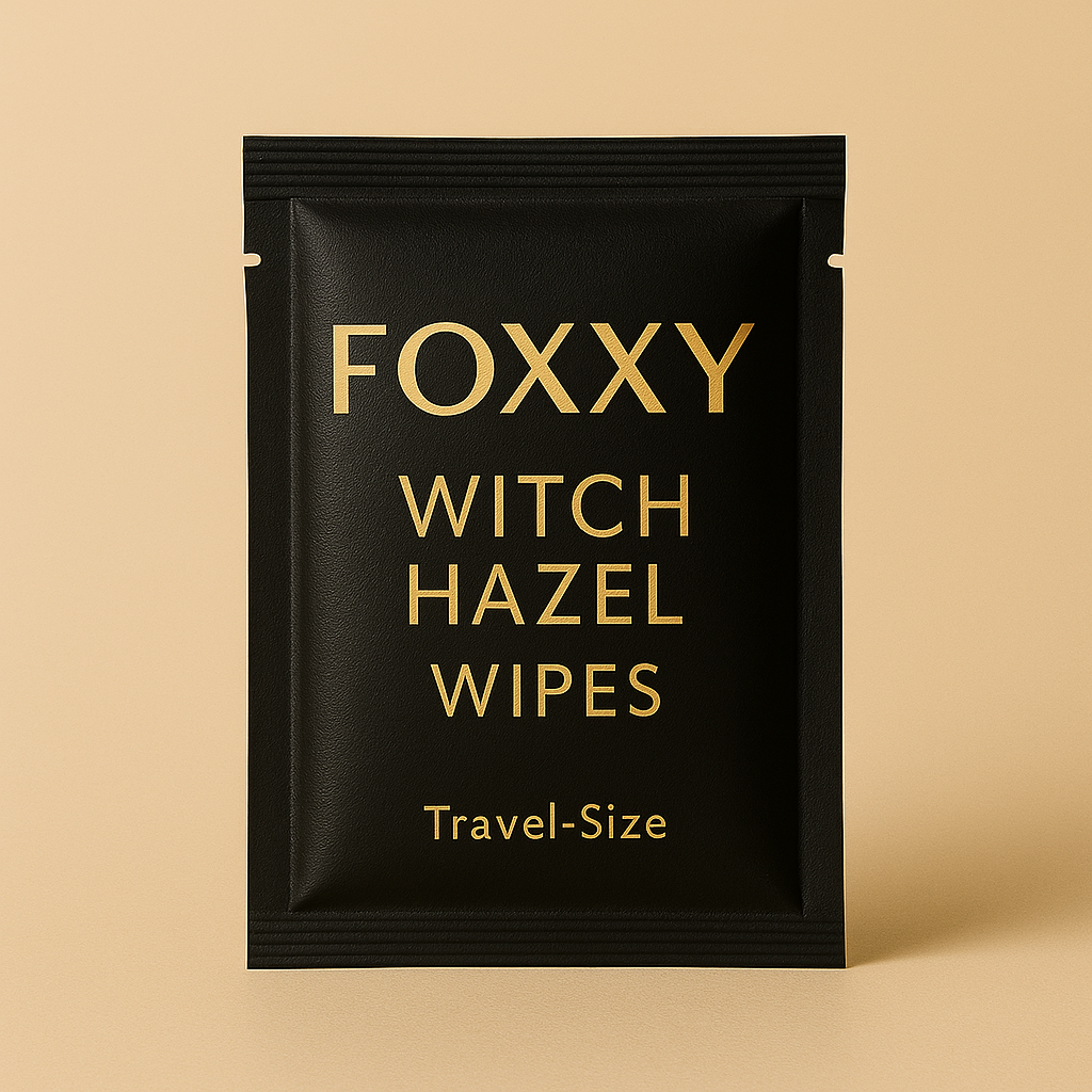 Black travel-size packet of FOXXY Witch Hazel Wipes with gold lettering on a beige background.