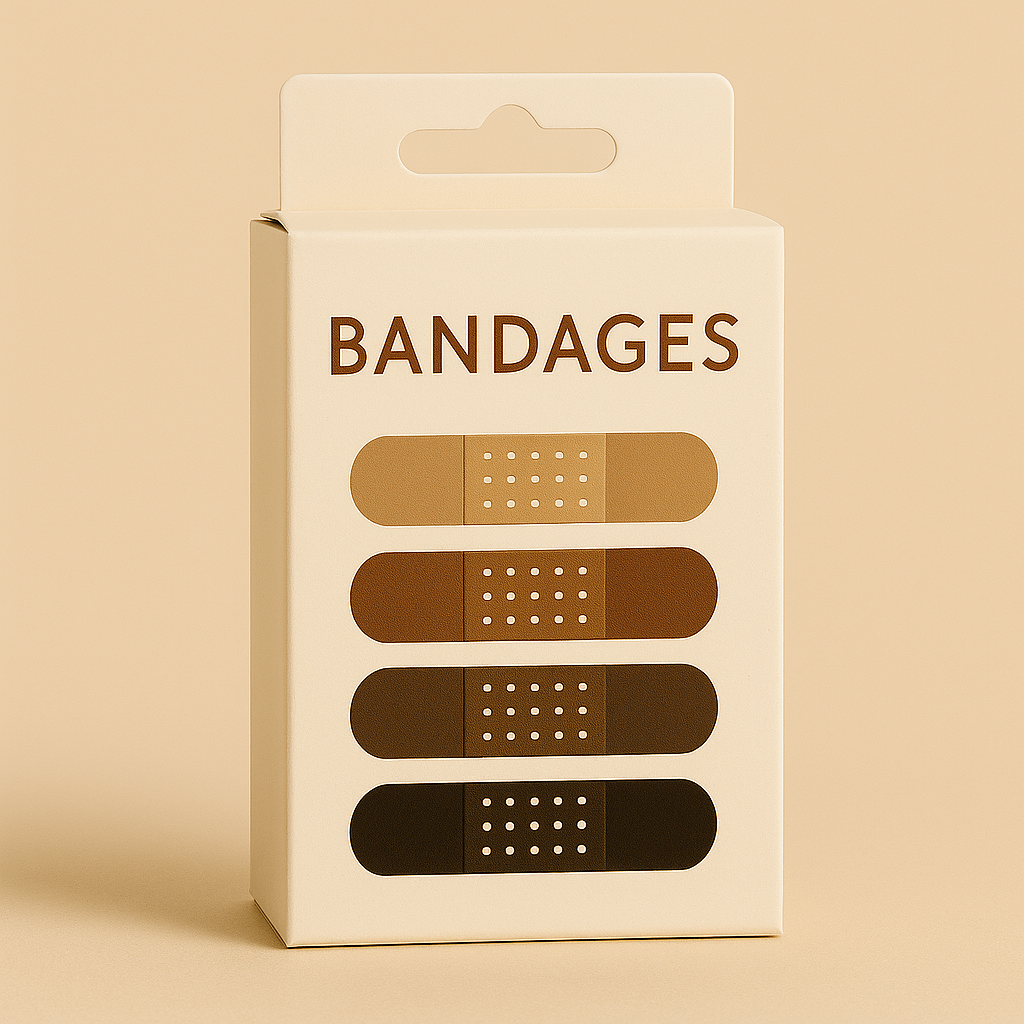 Box of bandages in a range of brown skin tones, displayed upright with four bandage shades on the front of the packaging.