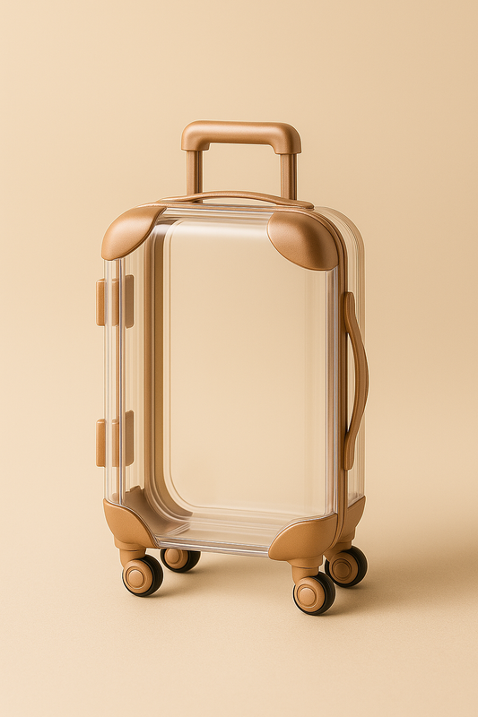 Clear travel-size hard-shell mini suitcase with gold accents and four spinner wheels on a beige background.