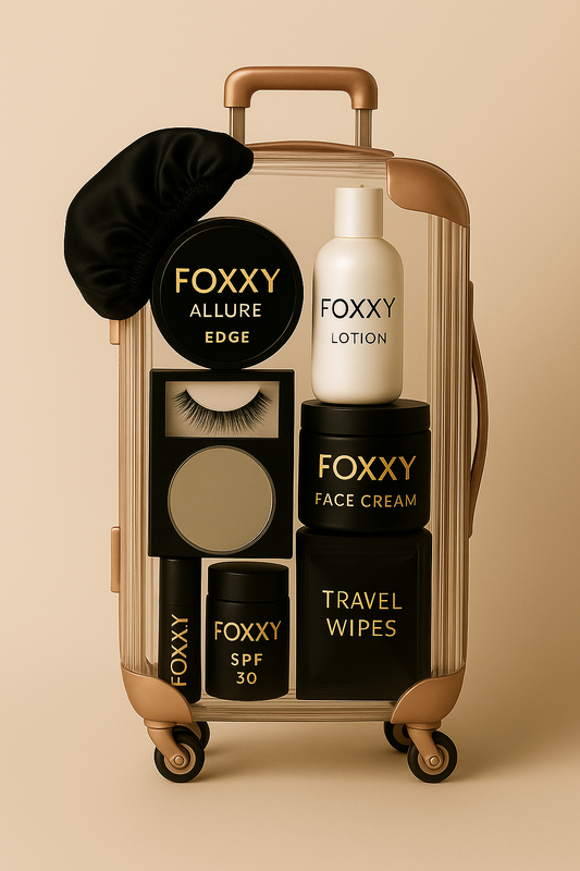 FOXXY Allure beauty travel kit displayed in a clear rose gold-trimmed suitcase, featuring a satin bonnet, edge control, lotion, false eyelashes, mirror, face cream, SPF 30, and travel wipes, arranged against a beige background.