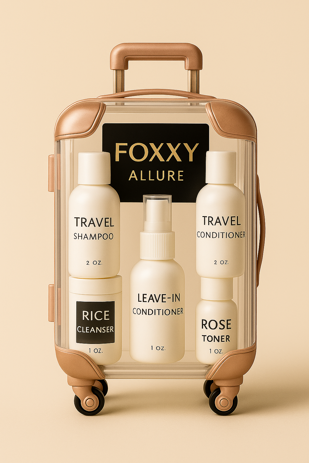 FOXXY Allure beauty travel kit in a clear rose gold-trimmed suitcase featuring travel-size shampoo, conditioner, rice cleanser, leave-in conditioner, and rose toner, arranged against a beige background.