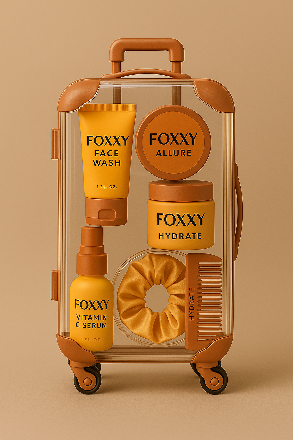 FOXXY Allure skincare travel kit in a clear brown-trimmed suitcase, featuring face wash, hydrate cream, vitamin C serum, edge control, a gold satin scrunchie, and a matching comb, arranged on a warm beige background.