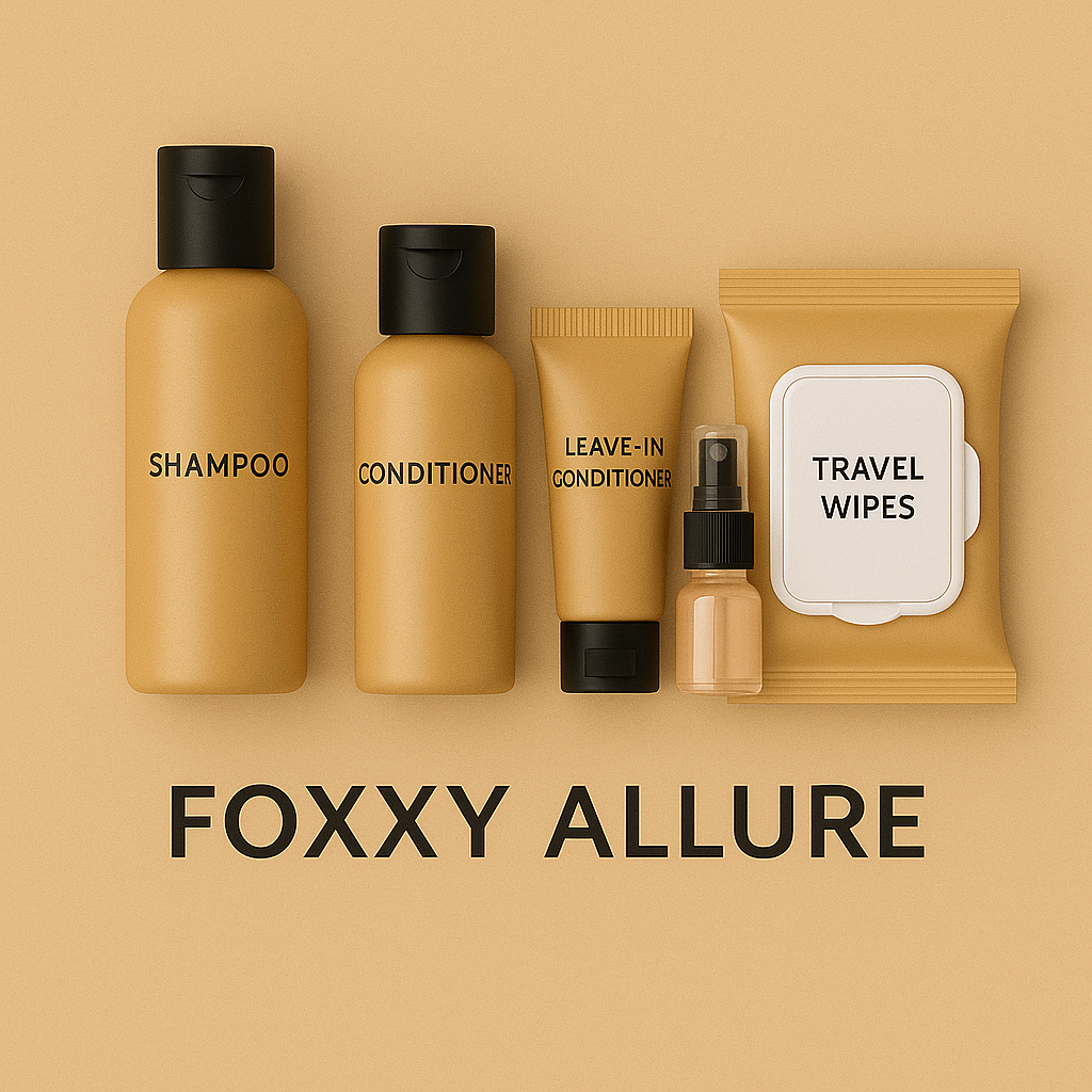 FOXXY Allure travel-size toiletry set including shampoo, conditioner, leave-in conditioner, rose toner, facial spray, and travel wipes in gold-toned packaging, displayed on a beige background.