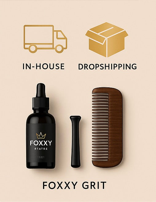 FOXXY Grit grooming kit image featuring beard oil, trimming tool, and wooden comb below icons labeled "In-House" and "Dropshipping," displayed on a beige background.