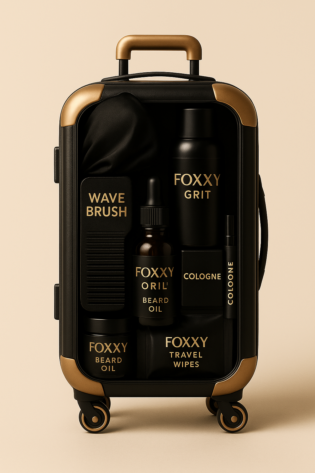 FOXXY Grit men’s grooming kit displayed in a sleek black and gold travel case, featuring beard oil, wave brush, cologne, travel wipes, satin durag, and grooming spray, against a beige background.