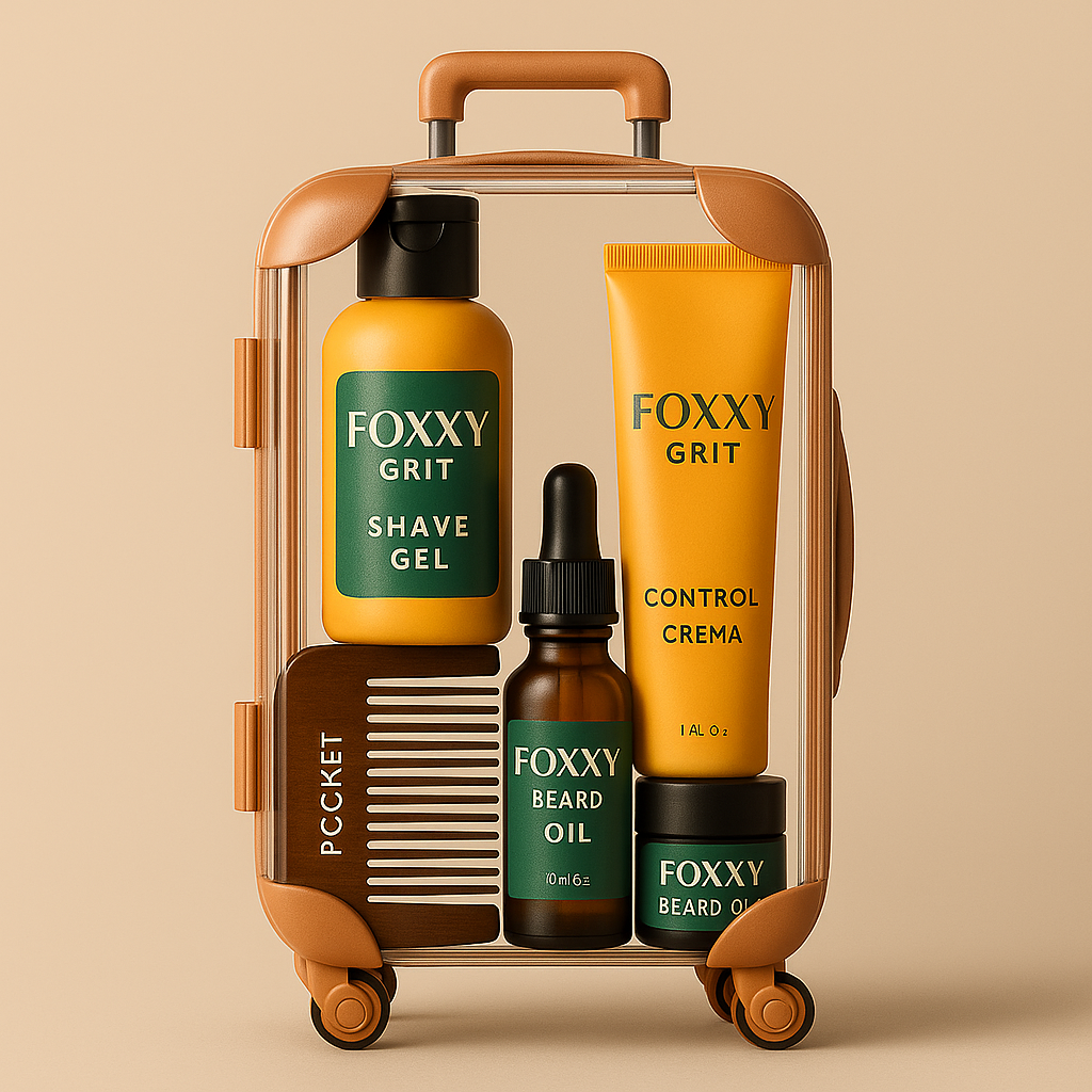 FOXXY Grit men’s grooming travel kit featuring shave gel, control crema, beard oil, beard balm, and a wooden pocket comb inside a clear brown-trimmed suitcase, displayed on a beige background.