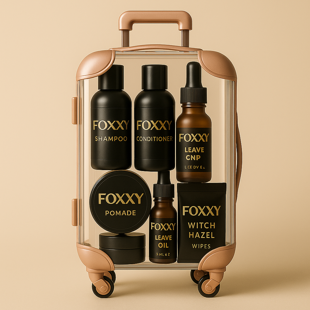 FOXXY grooming travel set in a clear rose gold-trimmed suitcase, featuring black bottles of shampoo, conditioner, leave-in oil, leave-in conditioner, pomade, and witch hazel wipes, displayed against a beige background.