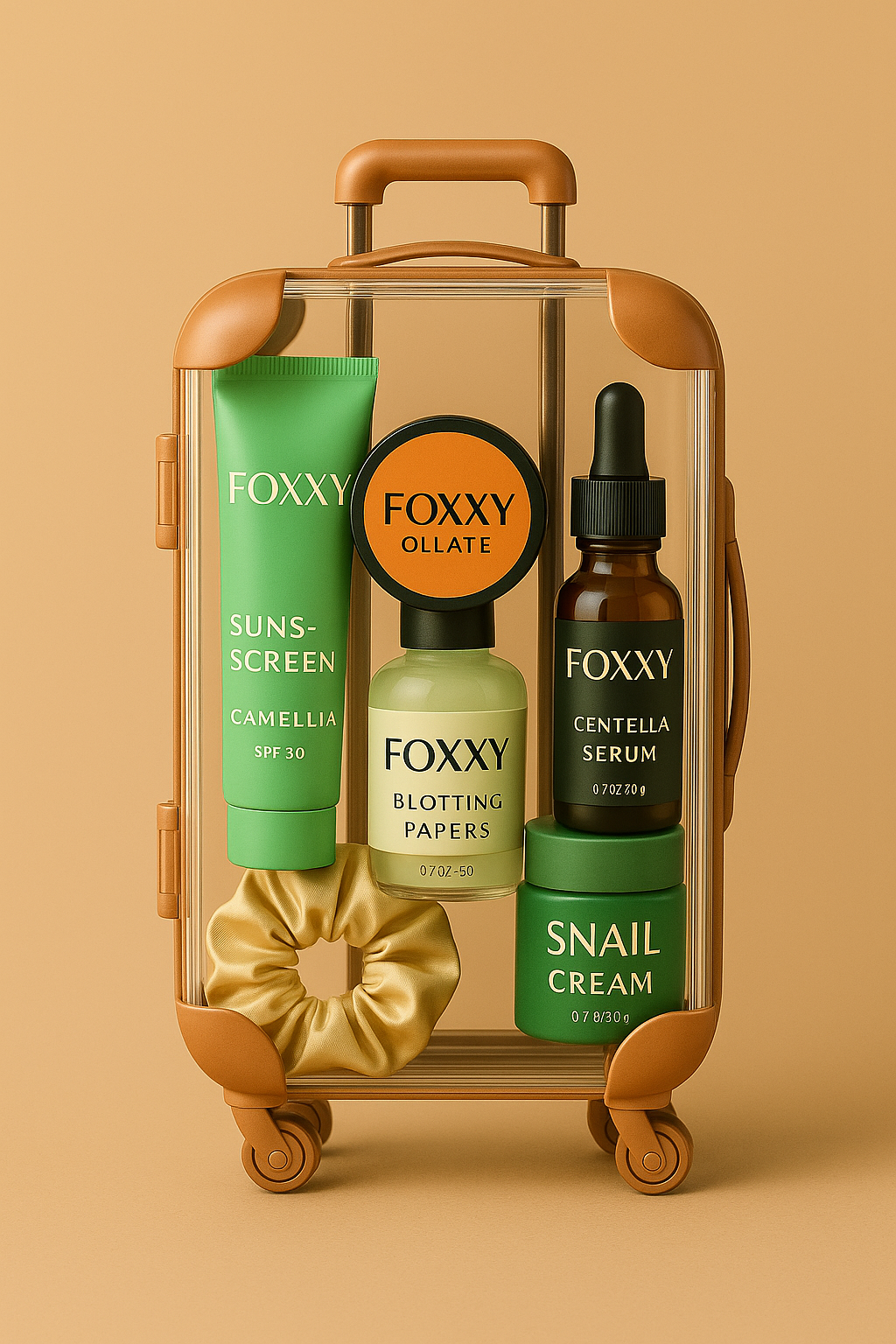 Transparent travel case filled with FOXXY skincare products including sunscreen, blotting papers, centella serum, snail cream, and a gold scrunchie, displayed on a beige background.